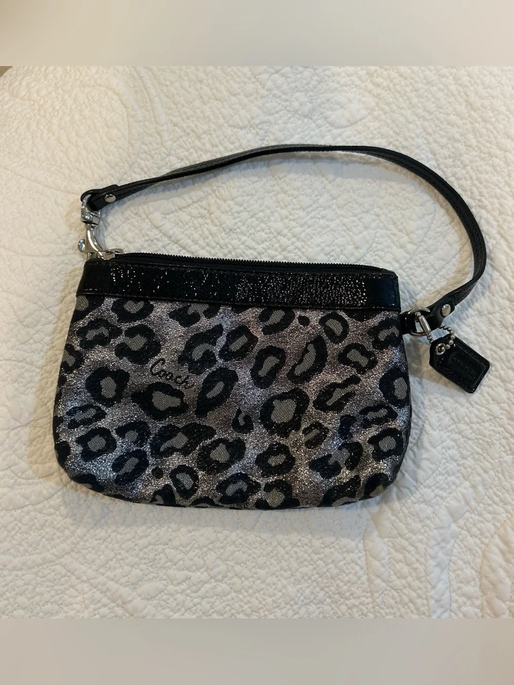 Coach Black and Silver Leopard Print Wristlet